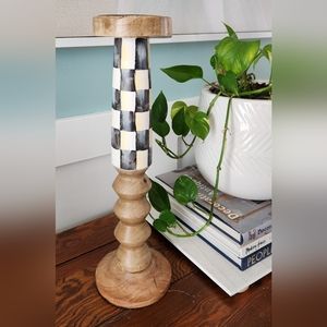 New! Wood , black& white checked tall candlestick!